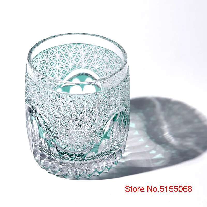 Japanese Top Edo Kiriko Hand Carving Crystal Whiskey Glass Green Chrysanthemum Sea Wave Brandy Liquor Snifter Wine Cup Drinkware