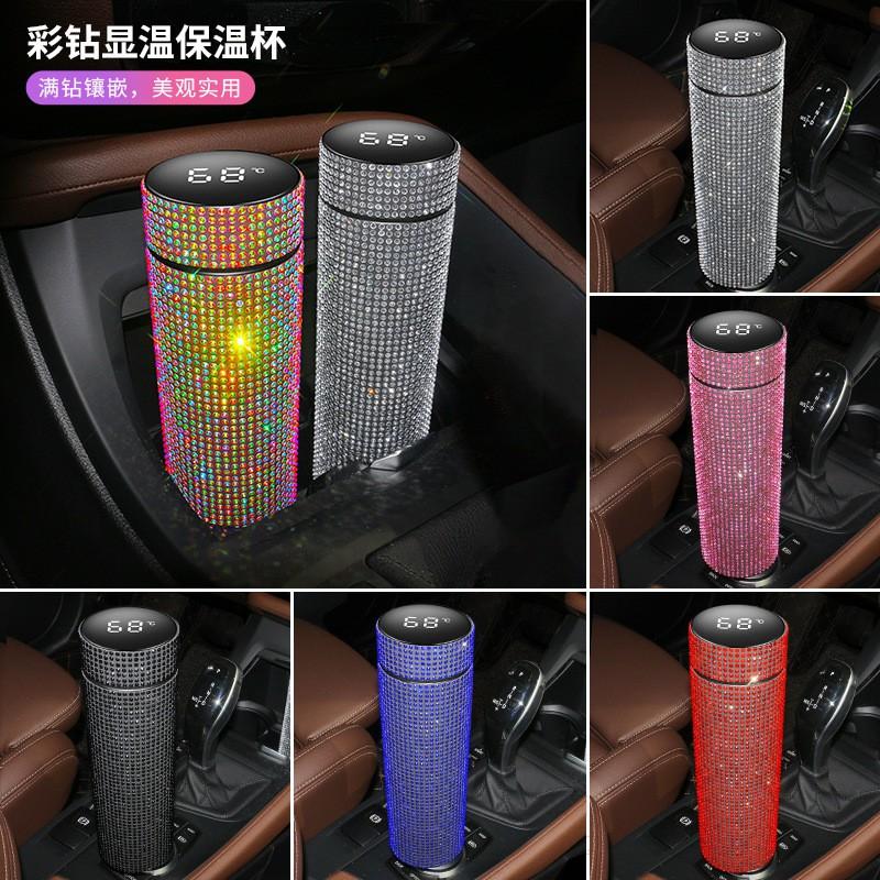 Stainless Steel Temperature Display Insulated Tumbler With Rhinestone Decor 500ml Straight Design Travel Cup Office Car