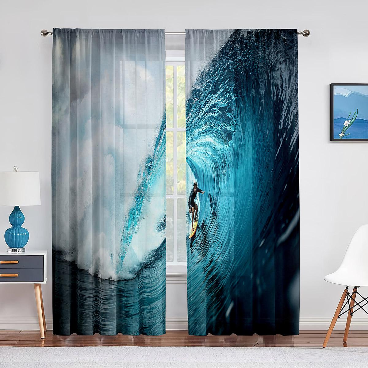 

Океанские волны, приключения, серфинг, экстремальные виды спорта, тюлевые шторы для гостиной, спальни, украшение, прозрачная вуаль, оконные шторы, шторы 1 PCS W100XH250cm&Grommet Top
