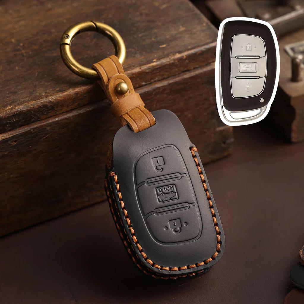 Premium Genuine Leather Key Fob Cover for Hyundai Elantra Tucson Santa Fe Flip Smart Key Shell