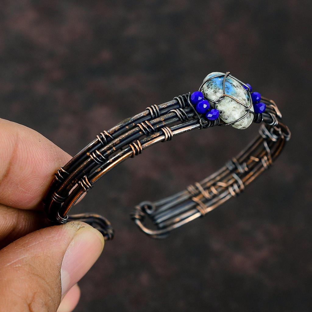 Náramek manžeta K2 Jaspis Lapis Lazuli Korálky Náramek Měděný Drát Ovinuté Šperky Nastavitelný Náramek Ručně Vyráběné Drahokamové Šperky Dárek Pro Matku