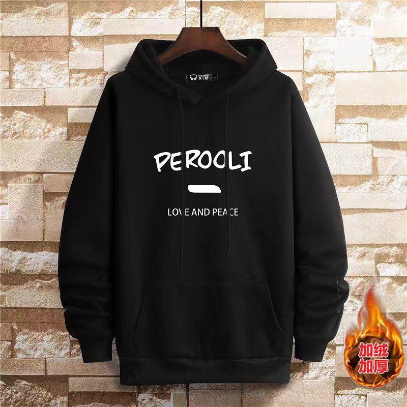 Men s hooded wool-lined long-sleeved sweatshirt black autumn and winter casual loose and fashionable polyester clothing S