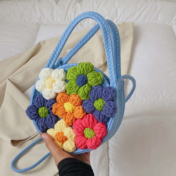 

WTEMPO Соломенные тканые сумки ручной работы из хлопчатобумажной нити с цветами, женские сумки, сумки для хранения косметики, милые простые повседневные сумки на одно плечо 20*19*7cm синий