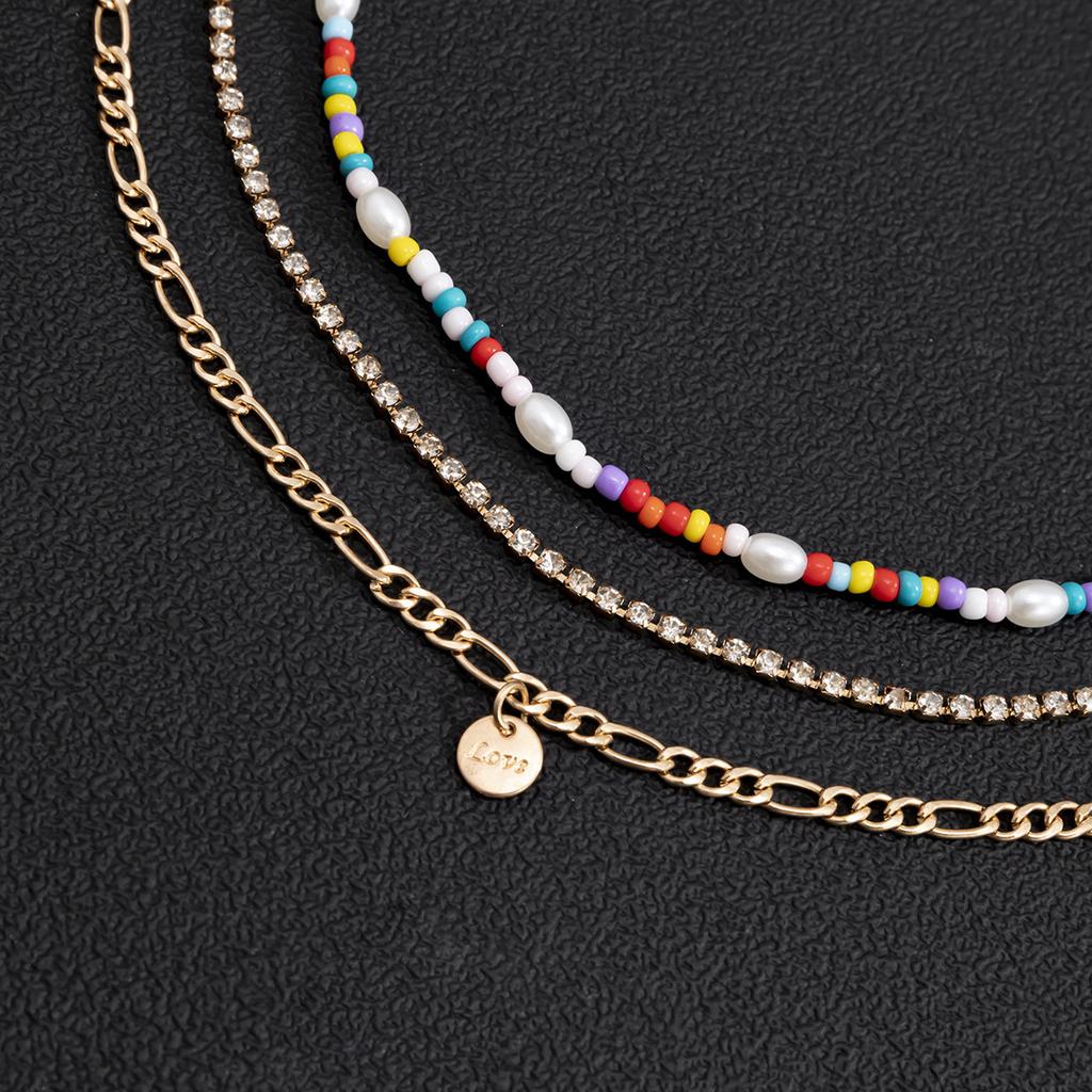 Jewelry, Claw Chain Metal Letter Sequined Item, Ethnic Color Rice Bead Imitation Pearl Multi-Layer Necklace