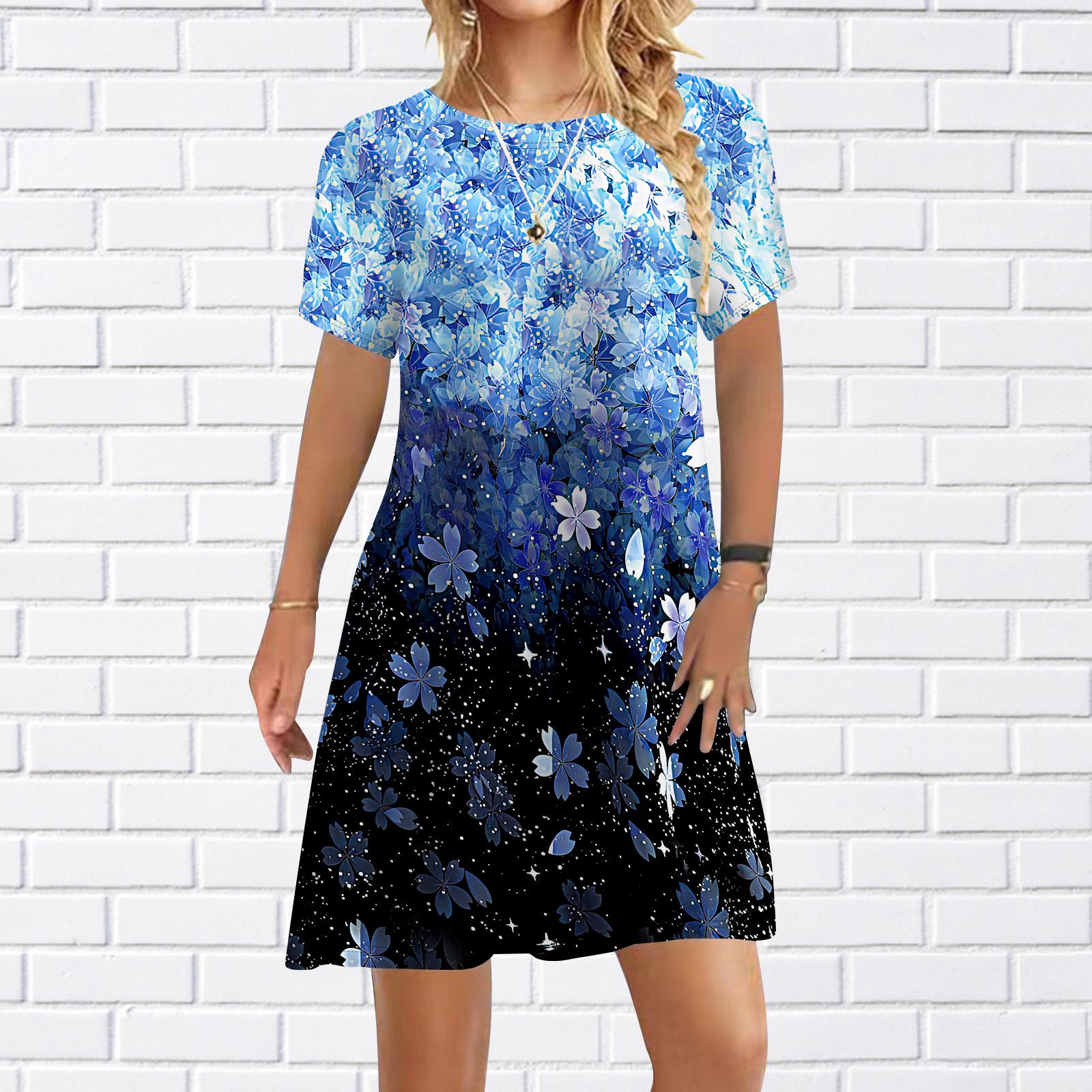 

Женское повседневное платье, синие платья с цветочным принтом для женщин, платье с коротким рукавом и круглым вырезом, большие размеры 8XL светло-синий