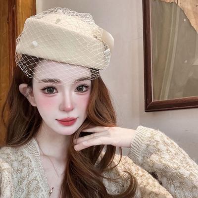 Trendy British Style Wool Bow Hat with Veil Cashmere Sweet Pillbox Hat Photography Decoration Elegant Fascinator Hat Bride