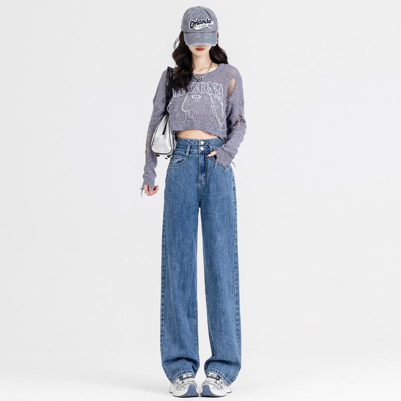 

Women’s Retro Blue High-Waisted Wide-Leg Jeans - Stylish Summer 2025 Loose Fit XL