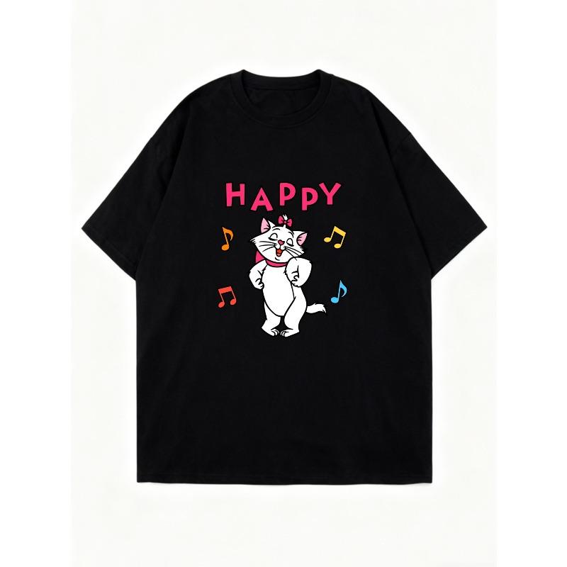 Oversized T Shirt Black Happy Cat With Music Notes Print Casual Streetwear For Women