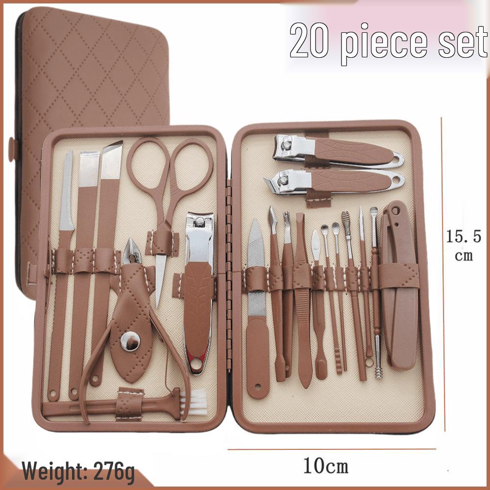 28-teiliges Edelstahl-Nagelpflege-Set: Enthält Nagelscheren, Nagelhautzangen, Pediküre-Werkzeuge, einen Augenbrauentrimmer und eine Pinzette in einem braunen Etui.