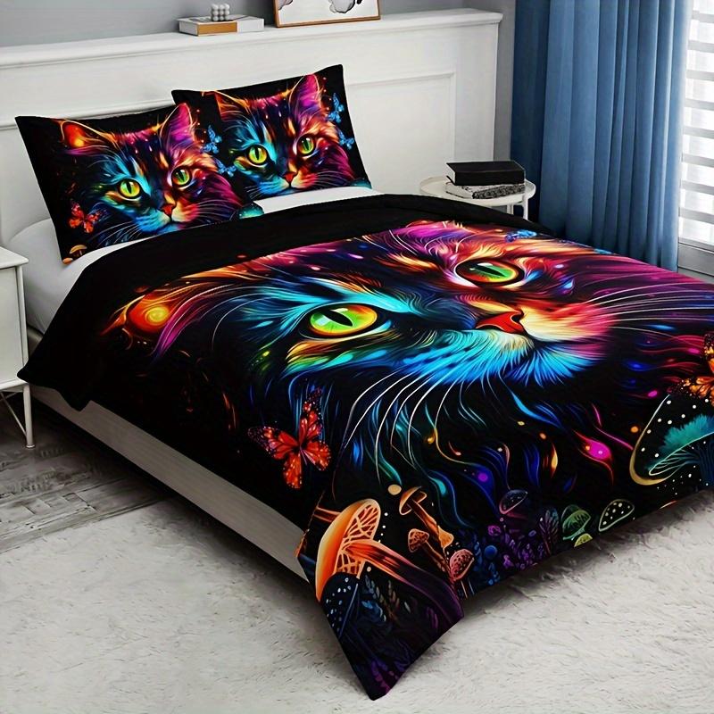 Kitten And Mushroom Duvet Cover Set Soft Breathable Hd Printing Bedding Set For Home Dorm Decor