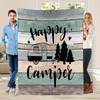 Cozy Flannel Throw Blanket Featuring a Happy Camper Design, Machine Washable, Crafted with Quilted Details, Digitally Printed, V