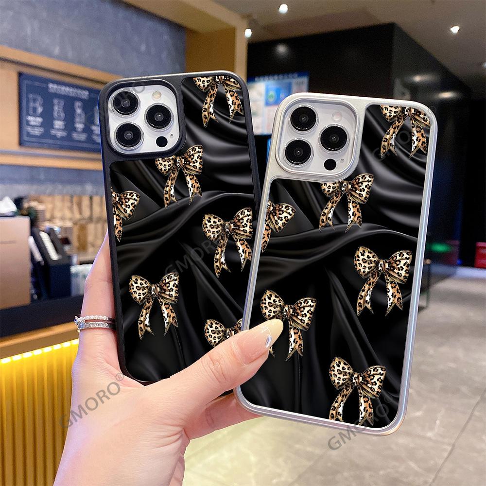 Popular Leopard Print Bow Is Suitable for iPhone17 Light Luxury Mobile Phone Case Apple 16Pro Glass Hard Case