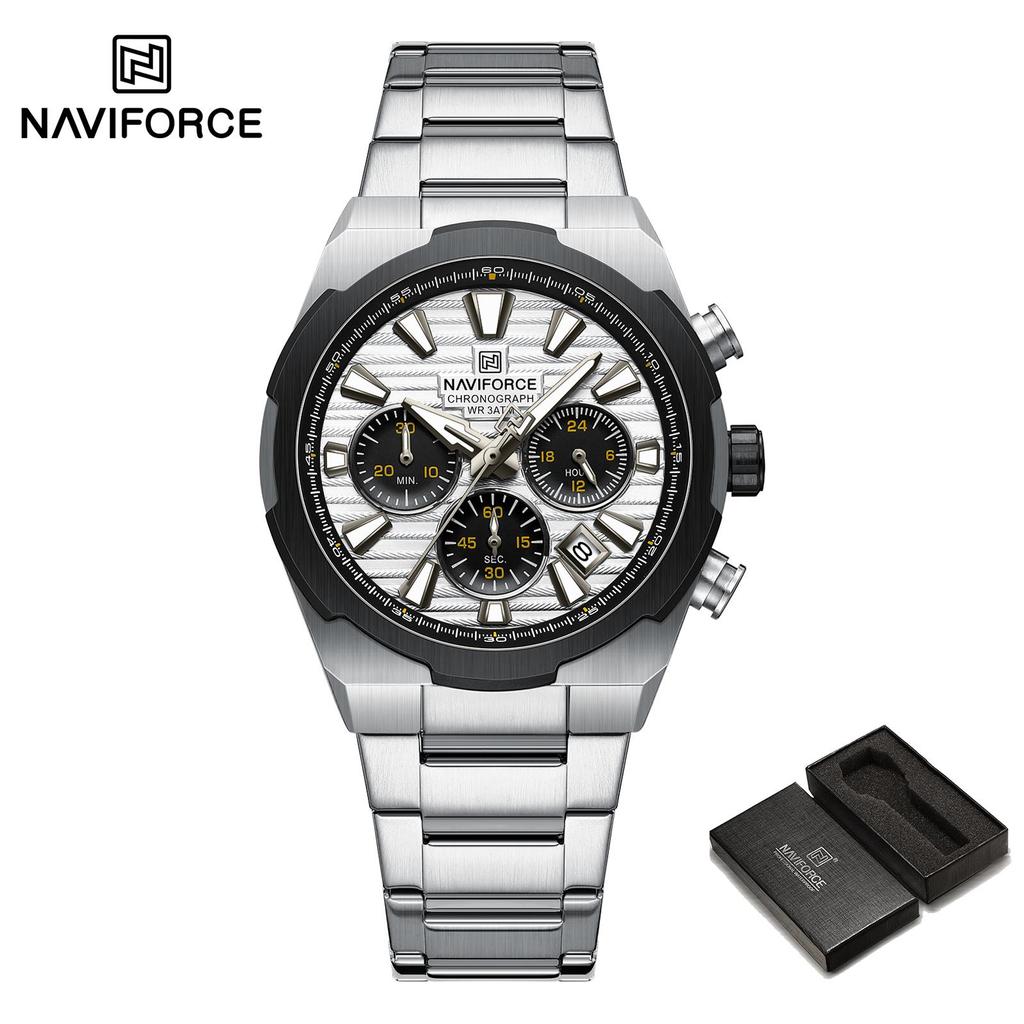 NAVFIROCE Original Men Quartz Watch Stainless Steel Strap Stopwatch Chronograph Date Waterproof Luminous Pointer Men Fashion Watch NF8081