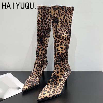 Botas Altas de Leopardo Punta Afilada Fiesta Lujo Zapatos de Gamuza Tacones Altos Tendencia Diseñador Sexy Chelsea Slip-on Cuero Botas Mujer