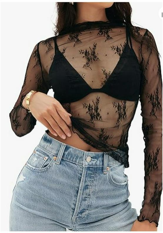 Women's Mesh Lace Layered Stand Collar See-through Top.