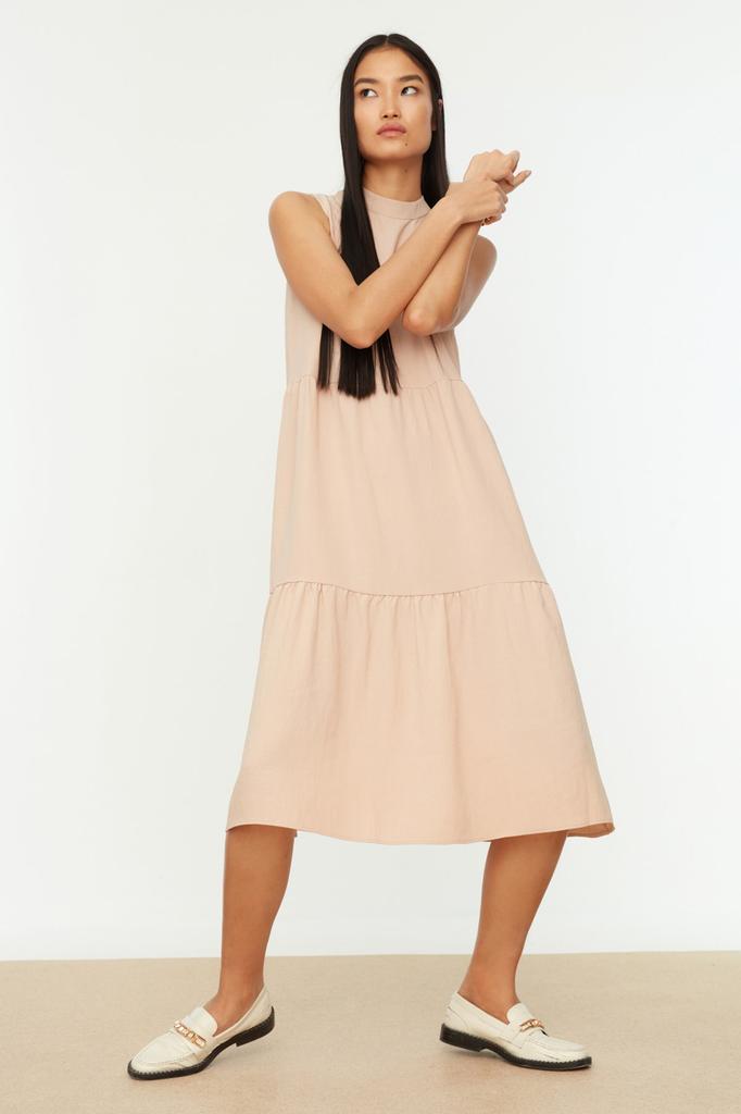 Women's Fashion Casual Sleeveless Midi Emerald Green Straight Cut High Collar Midi Woven Woven Dress