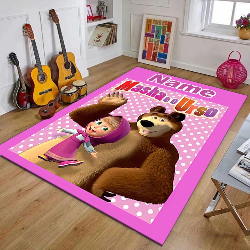 Custom Masha and the Bear Mat Personalized Name, Polyester Washable Indoor Entryway Rug, Gift for Christmas, Easter, Thanksgiving Day
