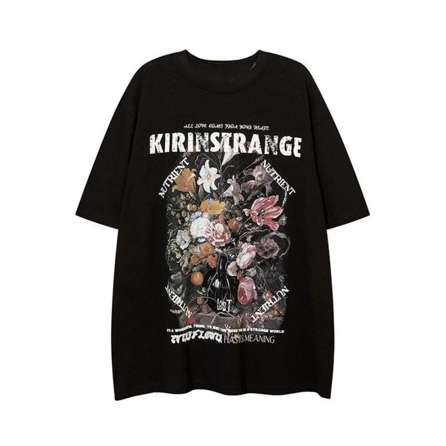 

Cotton American High Street Vintage Floral Pattern for Men and Women Hip Hop Couple Wear Loose Plus Size Short Sleeve T-shirt XXXXXL чорний