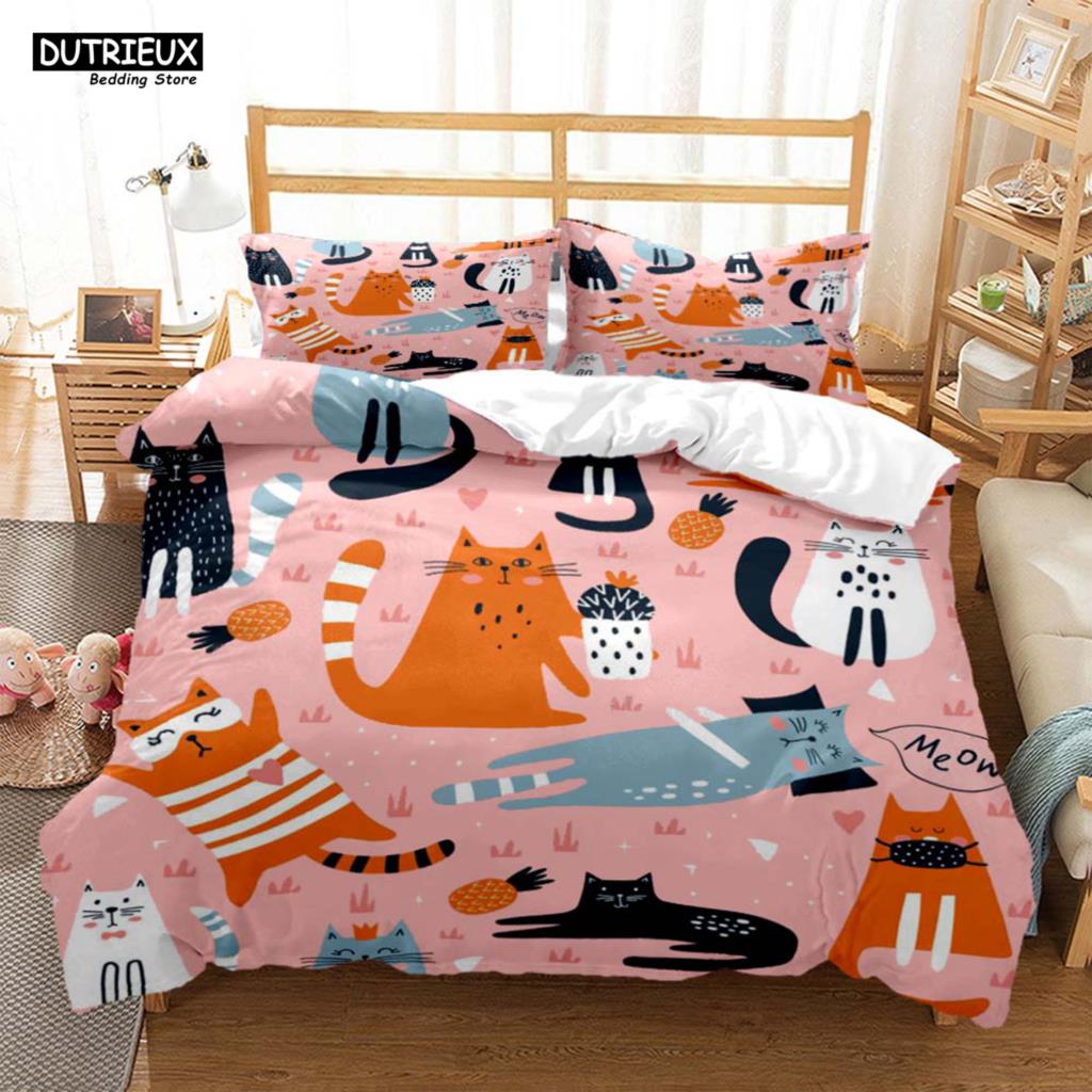 Cute Cat Print Quilt Cover Pillow Cover  Bedding Set Luxury Queen Bedding Set Cute Style Customized  children‘s  Bedding Set