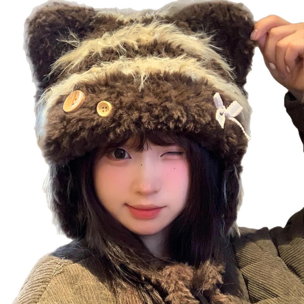 Cute cat ears bow knitted hat women's autumn and winter warm versatile face small big head circumference ear protection Lei Feng hat