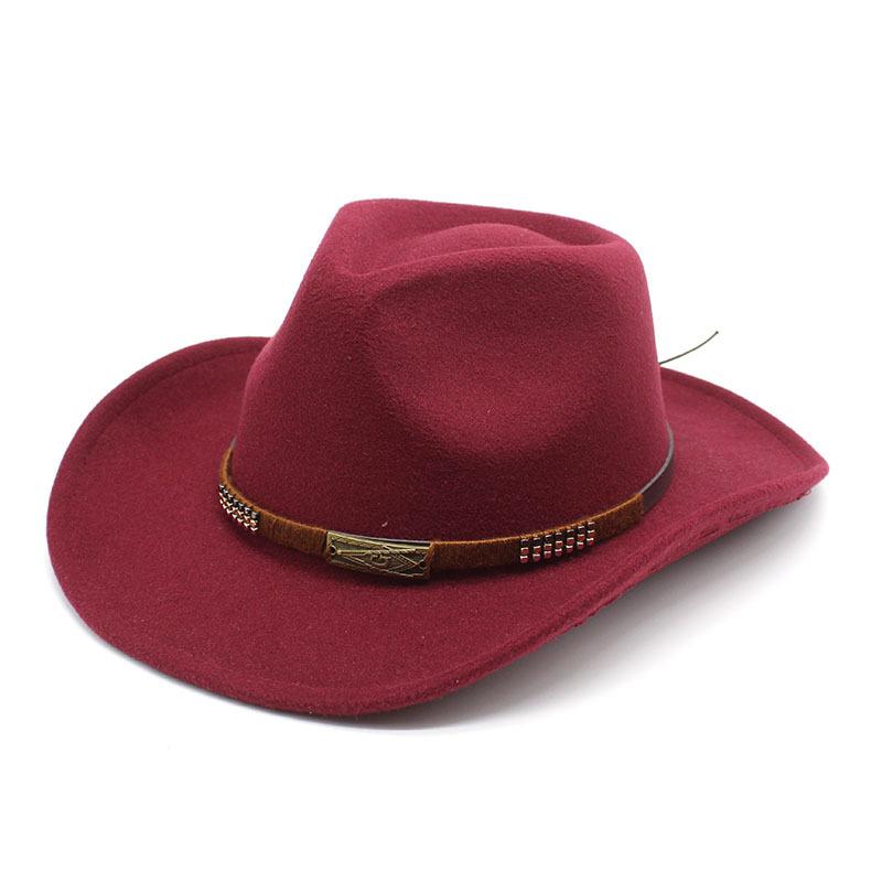 Warm Casual Versatile Coffee Belt Men'S And Women'S Woolen Western Cowboy Hat Big Edge Shading Hat