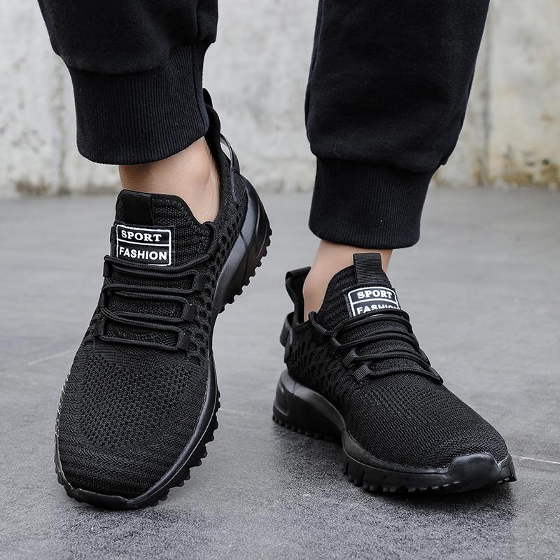 Men's Shoes Summer Fashion Knitted Mesh Lightweight Training Shoes Side Striped Walking Shoes Arch Support Lace Up Sports Shoes