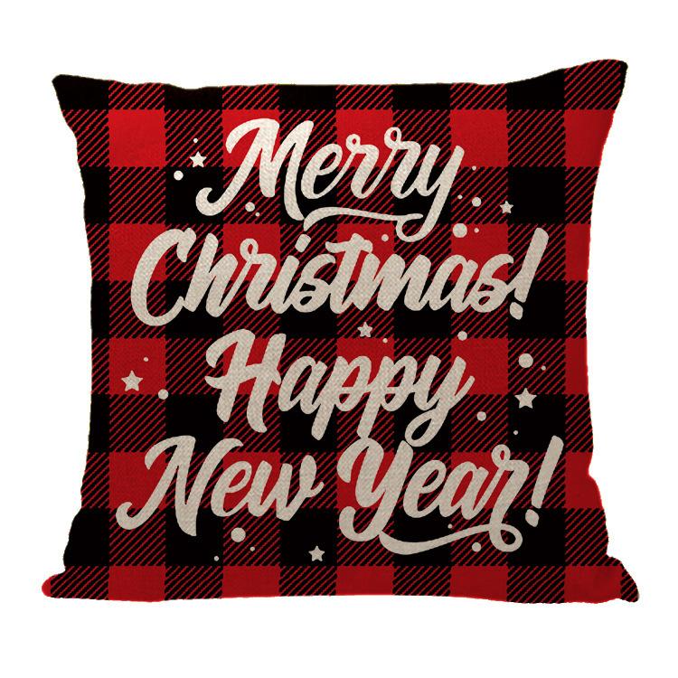 Red Plaid Sofa Linen Christmas Pillow Cover Reindeer Snowflake Home Cushion Cover