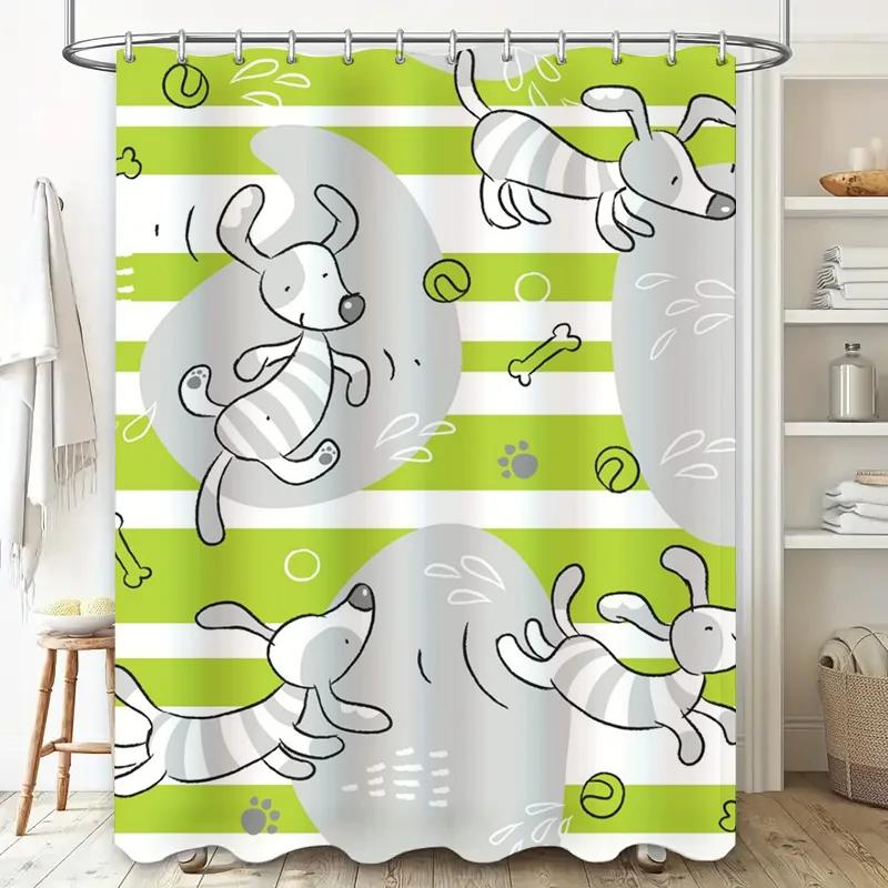 Green White Striped Dog Print Shower Curtain with Waterproof Fabric for Bathroom Decor Kids Room Decoration Home Accessories. (5