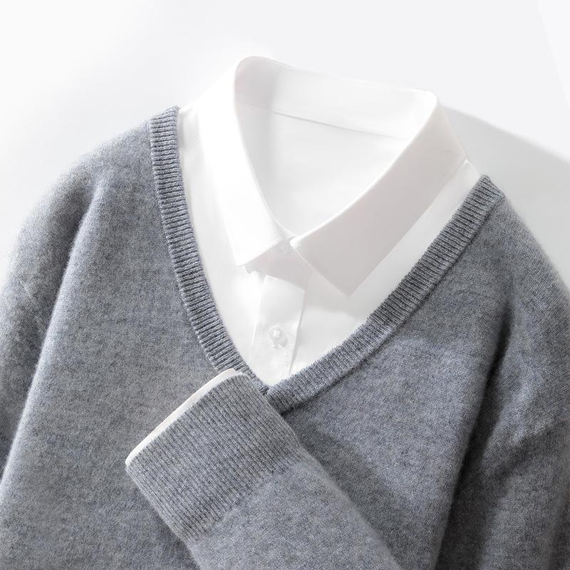 New V-neck Cardigan for Men's Solid Color Pullover Sweater Basic Large Size Loose Casual Knitted Base Shirt