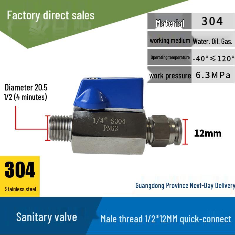 304 Stainless Steel Sanitary Mini Ball Valve, Internal/External Thread, High Pressure, 1/8"-3/4" Sizes, Open Pagoda Design