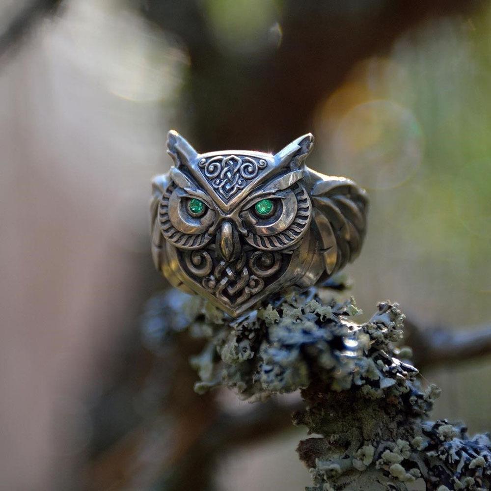 Retro Green Eye Owls Ring For Men Silver Punk Gothic Adjustable Handmade Rock Hiphop Biker Jewelry Gift