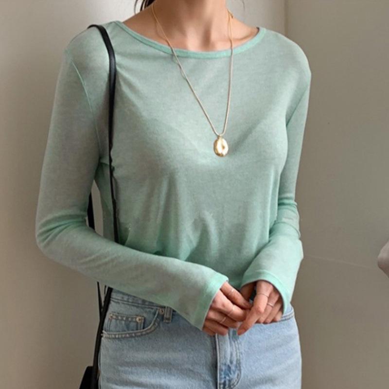 Women's Refreshing Mint Green Sheer Long-Sleeve Round Neck T-Shirt with Same-Day Shipping