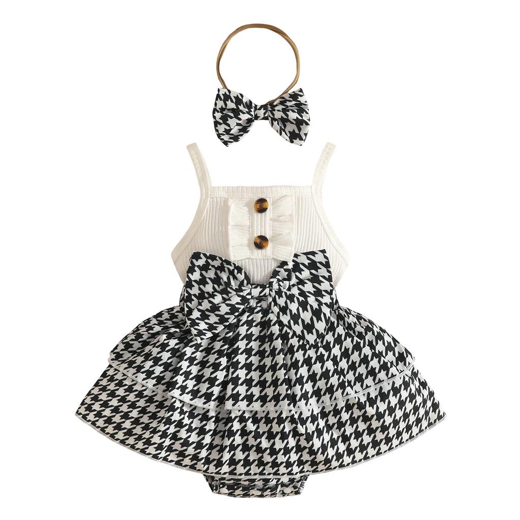 Casual Baby Girl Suspender Romper with Headband & Double-Layer Skirt