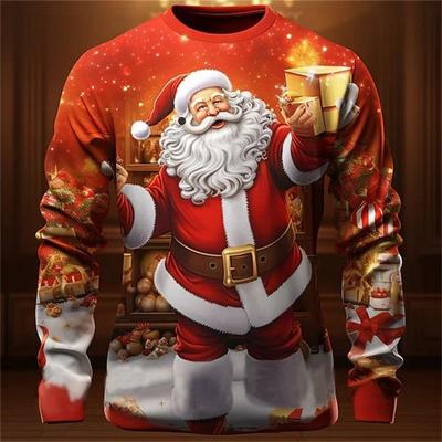 Neue Frühlings- und Herbstmode für Herren, interessantes Neujahrs-Santa-3D-Druck-Langarm-Rundhals-Plus-Size-loses atmungsaktives Oberteil
