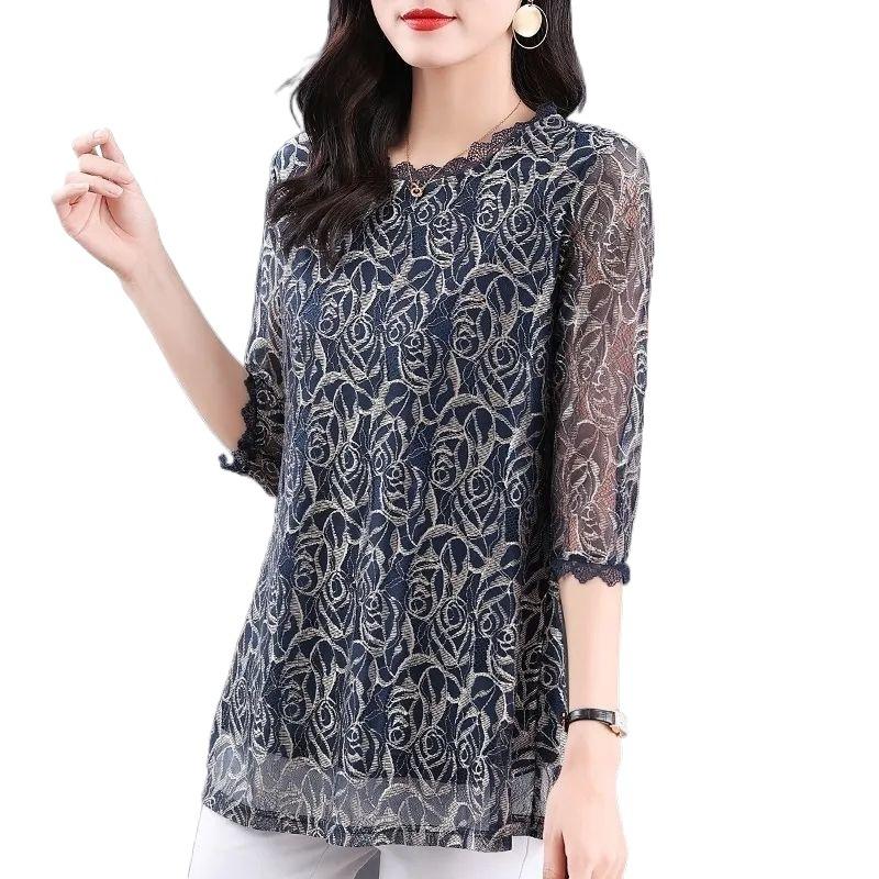 

Кружевная рубашка с рукавом три четверти, женская, средней длины, со средним рукавом, большого размера, ажурный свободный сетчатый топ размера плюс S темно-синий