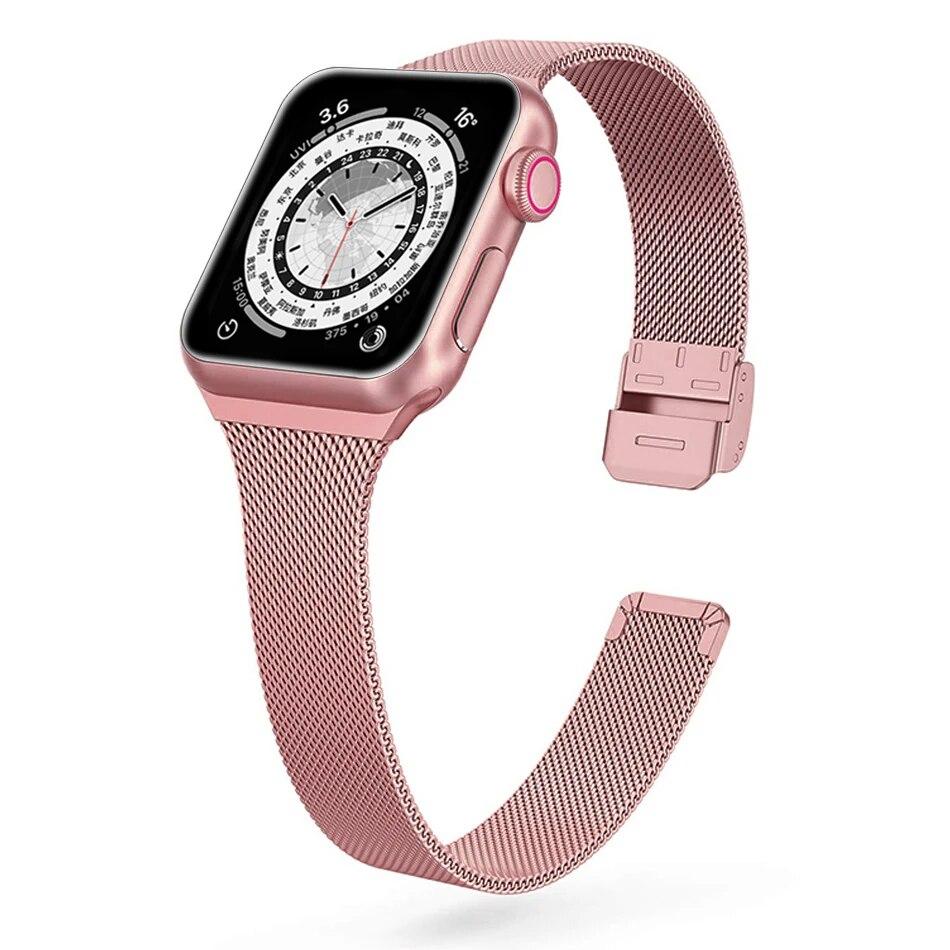 

Тонкий браслет Металевий ремінець для Apple Watch Ultra 2 9 8 7 6 SE 5 4 3 38MM 40MM 41MM 45MM 49MM Міланський ремінець з нержавіючої сталі для iwatch 42MM 44MM 42mm 44mm 45mm рожевий