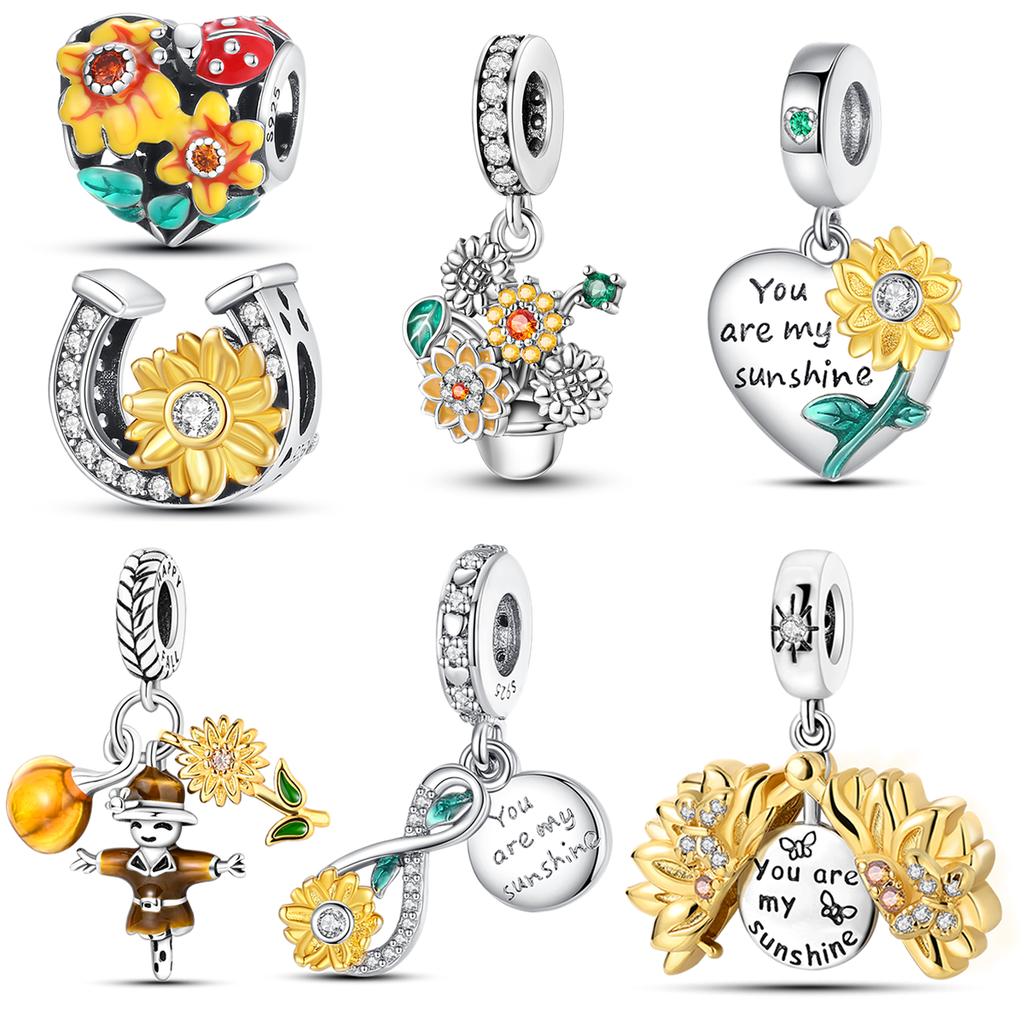 Copper Sunshine Golden Sunflowers Charms Beads Eternal Love Heart Dangle Fit Original Bangle Bracelets Diy Jewelry