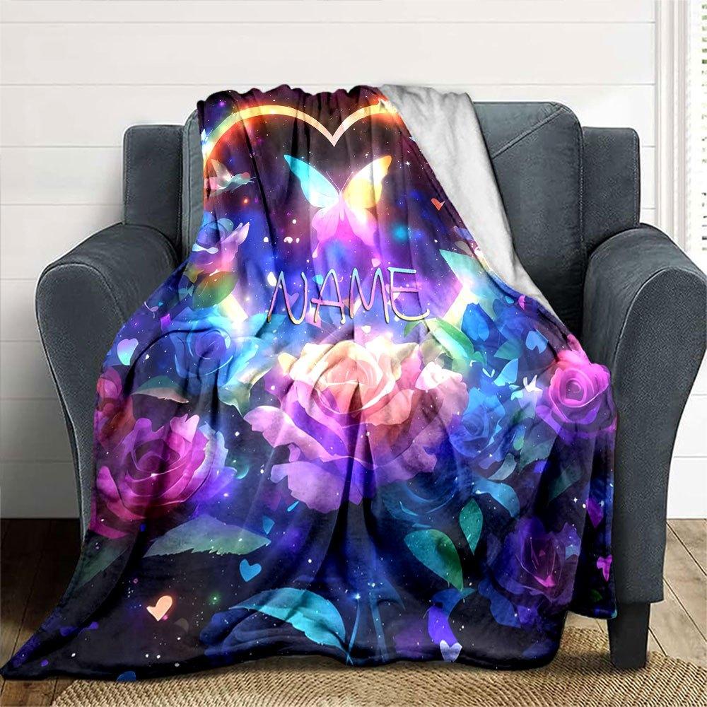 Heartshaped Floral And Butterfly Design With Vibrant Colors And The Word In The Center Multipurpose Personalized Blanket Customize Your Name Warmthful