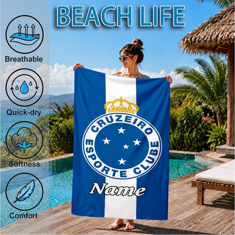 Custom Name Beach Towel Cruzeiro FC Crest Microfiber Beach Towel, Lightweight for Summer Travel, Swimming Pool Fan Birthday Gift