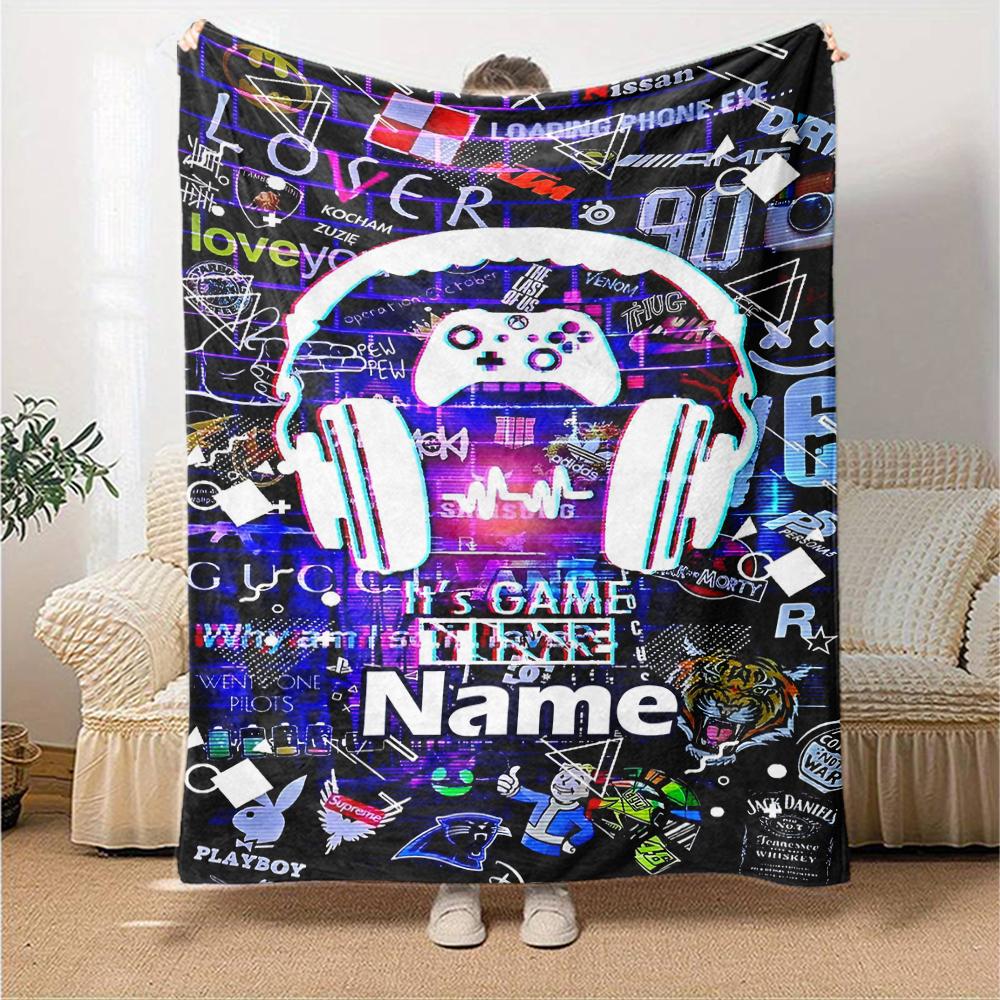 Custom Name Game Controller Theme Printed Blanket - Perfect for Couch, Bed, Travel & Outdoor Use | Machine Washable, Cozy & Durable.