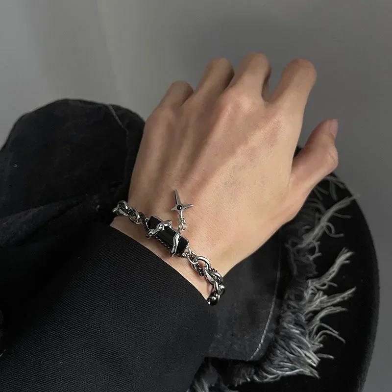 Bracciale Uomo Retro Zircone Nero Catena a Stella Donna Acciaio Inossidabile Braccialetti Punk su Mano Gioielli Unisex Accessori per Coppia