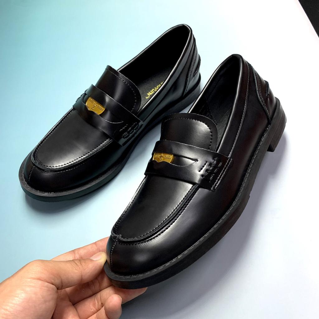 Spot second hair! Fashion versatile new horse leather retro polished small gold coin thick heel platform loafers small leather shoes