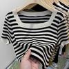 Women Sweaters Pullovers 2025 Summer Short Sleeve Square Collar Striped Black Knitted Sweater Women Tops Pullover JJ280