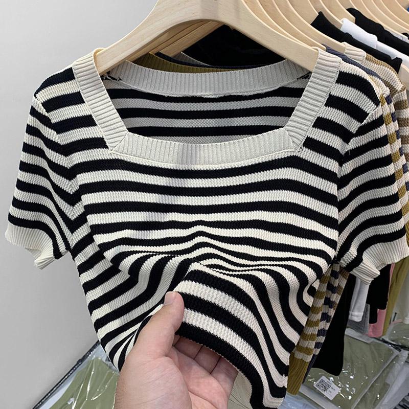 Women Sweaters Pullovers 2025 Summer Short Sleeve Square Collar Striped Black Knitted Sweater Women Tops Pullover JJ280