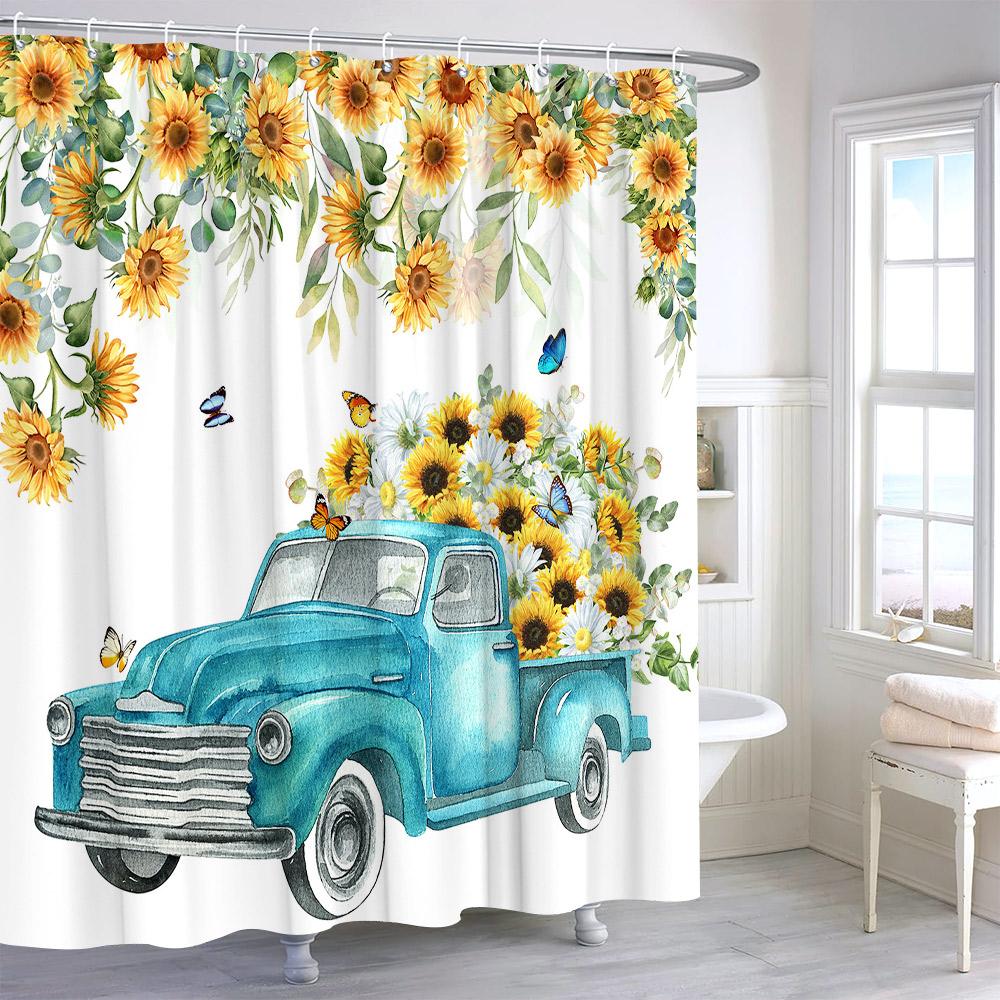 Watercolour Sunflower Shower Curtain Eucalyptus Leaf Butterfly Flower Cloth Bath Curtains Autumn Rustic Botanical Bathroom Decor