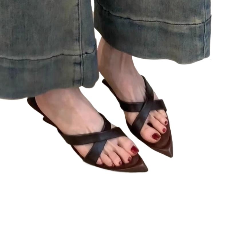 Fashion Leopard Print Woman High Heels Slippers 2025 Summer Fashion French Pointed Toe Shallow Mouth Open Toe Retro Outdoor Slippers