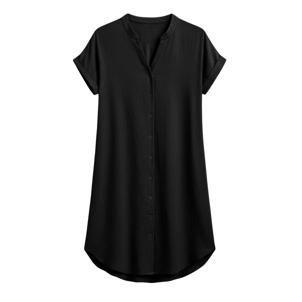 Women Casual Linen Cotton V Neck Short Sleeve Button Front Loose Fit Dress Lightweight Summer Tunic Dress with Pockets
