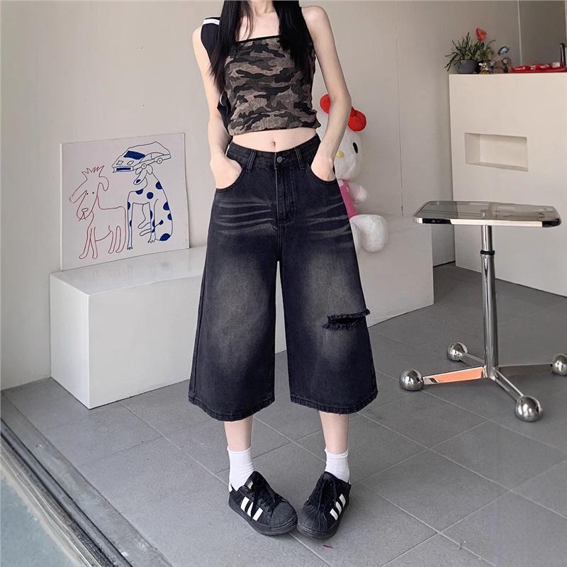

Women s Retro American Denim Capri Shorts – Mid-Length, Loose Fit, Straight Leg, Unisex, Plus Size Available 3XL черный серый