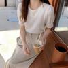 Women's Korean V-Neck Lace Trim Puff Sleeve Blouse Elegant Textured Pleated Summer Shirt