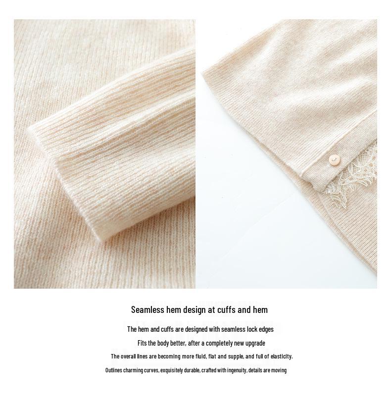 Women's V-Neck Lace Trim Cashmere Cardigan - Long Sleeve Knit Sweater for Autumn and Winter